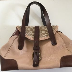 Henry Beguelin Light and Dark Brown Leather Top Handle Purse with Woven Flap